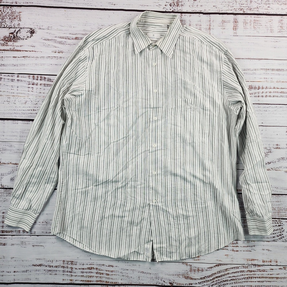 Ermenegildo Zegna Mens Dress Shirt Striped 2x2 Superfine Cotton Green White 41
